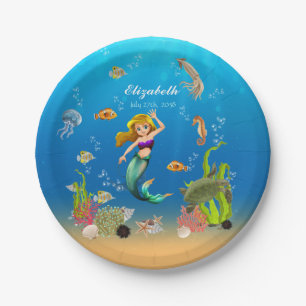 Plato De Papel Sirena Bajo El Océano Marino