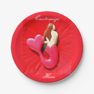 Plato De Papel sirena corazón-atada rojo