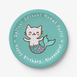 Plato De Papel Sirena de gato Chica azul Cumpleaños Sirenita Meow