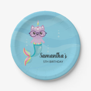 Plato De Papel Sirena de unicornio gata bajo la fiesta de cumplea