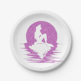 Plato De Papel Sirena en una roca - purpurina rosado