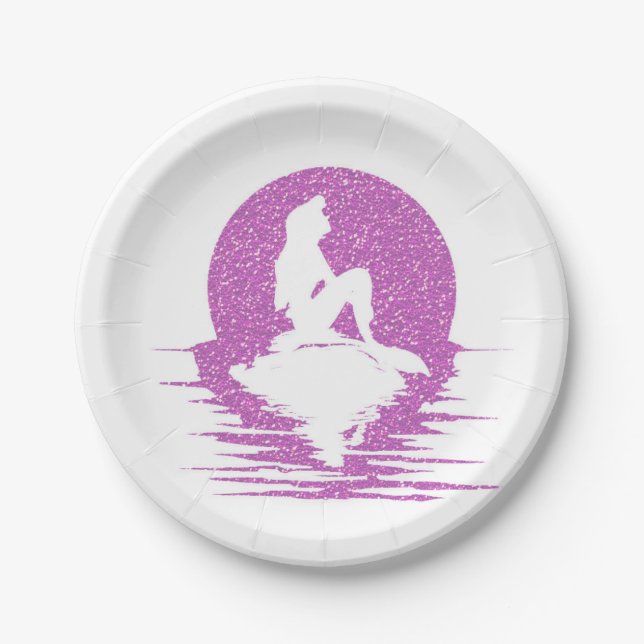 Plato De Papel Sirena en una roca - purpurina rosado (Anverso)