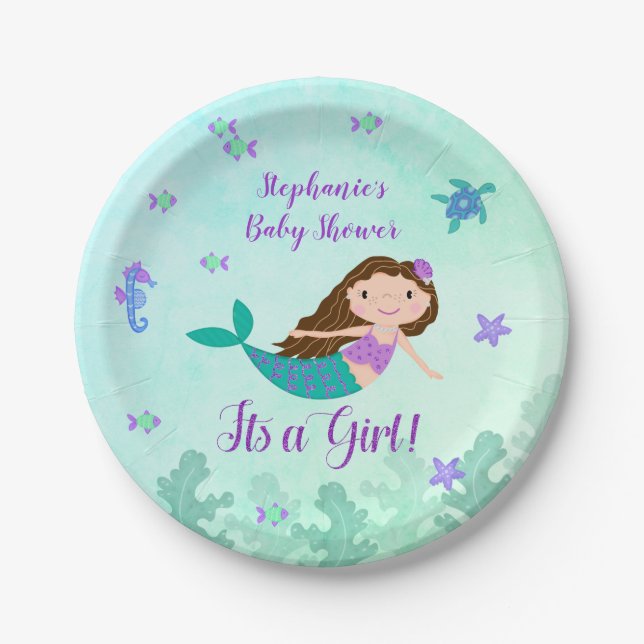 Plato De Papel Sirena es un Baby Shower Chica personalizado (Anverso)