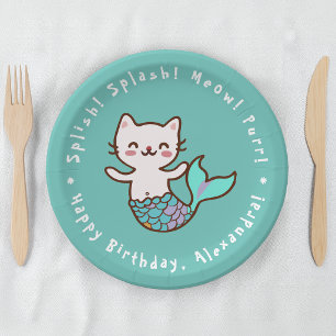 Plato De Papel Sirena Gato Chica Azul Cumpleaños Gatamermaida Min
