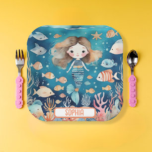 Plato De Papel Sirena Linda Debajo Del Mar Personalizada