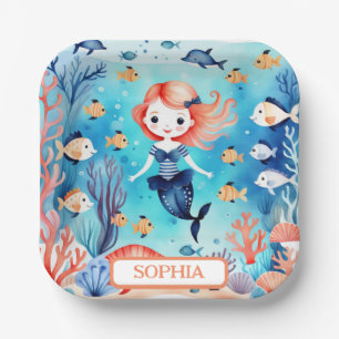 Plato De Papel Sirena Pequeña Personalizada Bajo El Mar