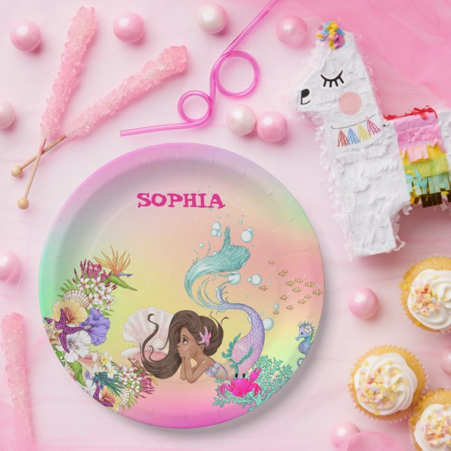 Plato De Papel Sirena Starfish Pelo Oscuro Cute de papel de arcoi (Fiesta)