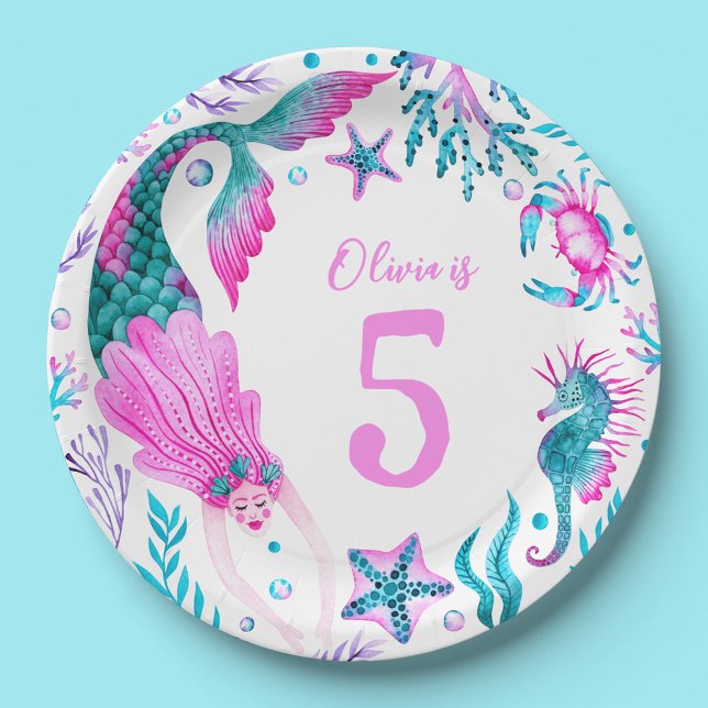 Plato De Papel Sirenas acuáticas, conchas marinas y criaturas oce (Watercolor Mermaids, Sea Shells + Ocean Creatures Paper Plates)