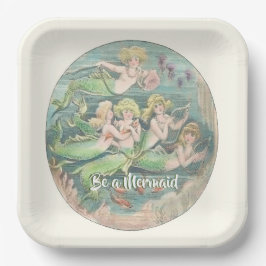 Plato De Papel Sirenas de fantasía náutica vintage, cuadrado