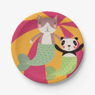 Plato De Papel Sirenas del verano del gato y de la panda