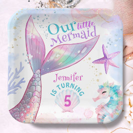 Plato De Papel Sirenita 5 cumpleaños bajo el mar Sirena rosa