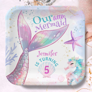 Plato De Papel Sirenita 5 cumpleaños bajo el mar Sirena rosa