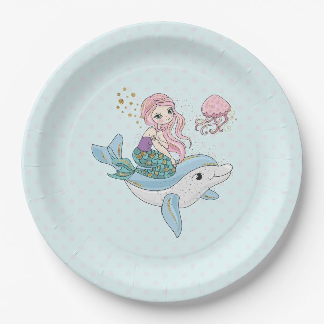 Plato De Papel Sirenita descubierta con delfín bajo el mar (Anverso)