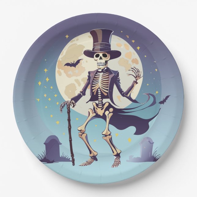 Plato De Papel Skeleton Bailando Bajo La Luna Halloween (Anverso)