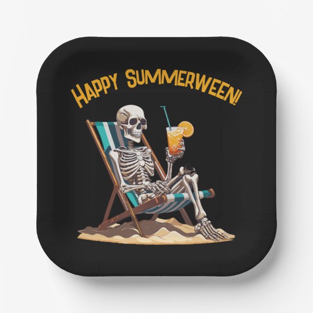Plato De Papel Skeleton Beach Lounging Halloween (Anverso)