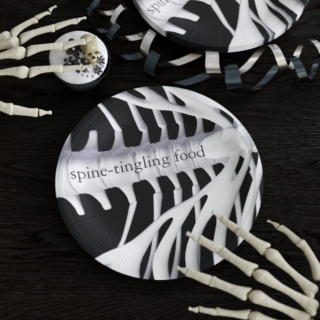 Plato De Papel Skeleton Bones Spin Black White Halloween Party (Subido por el creador)