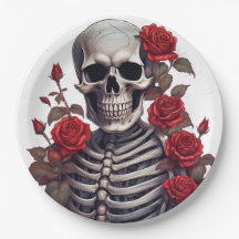 Skeleton con rosas rojas