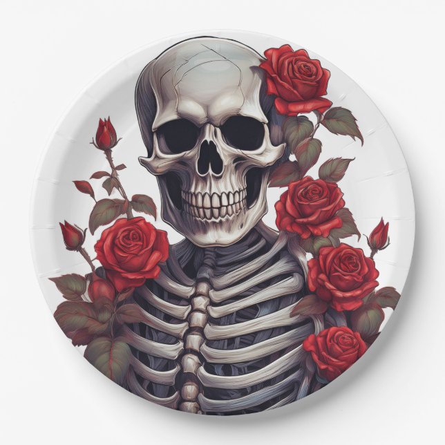 Plato De Papel Skeleton con rosas rojas (Anverso)
