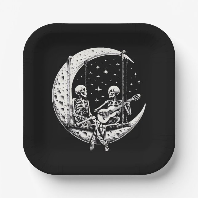 Plato De Papel Skeleton Couple Moon Guitar (Anverso)