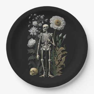 Plato De Papel Skeleton floral mágica vintage boho en negro