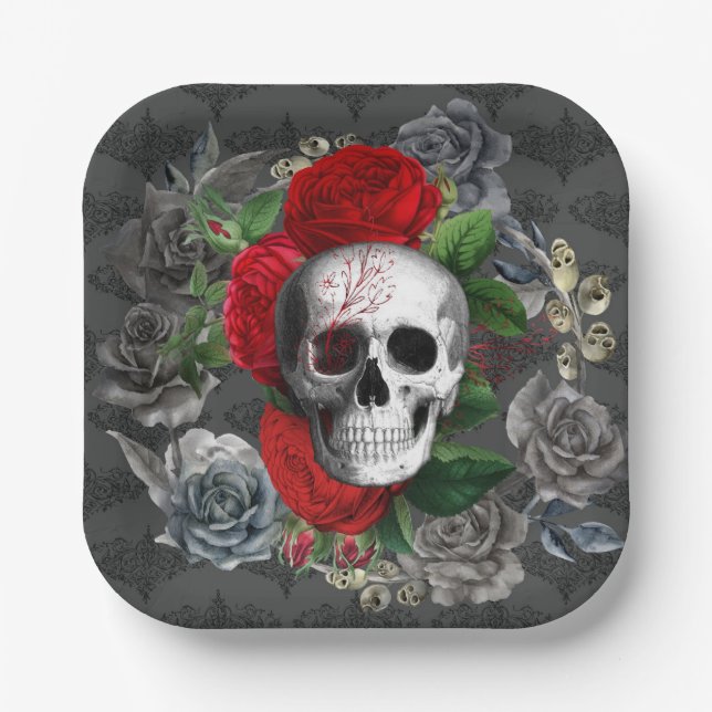 Plato De Papel Skeleton gótico Skull Rojo Roses Gris Papel floral (Anverso)