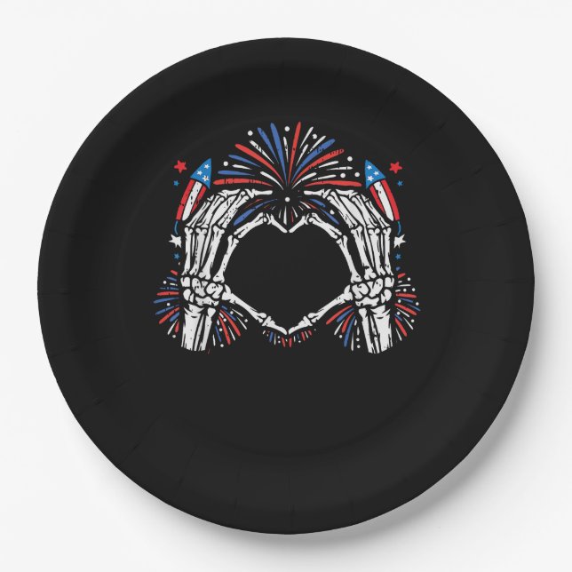 Plato De Papel Skeleton Hand Heart Estados Unidos Patriótico Amer (Anverso)