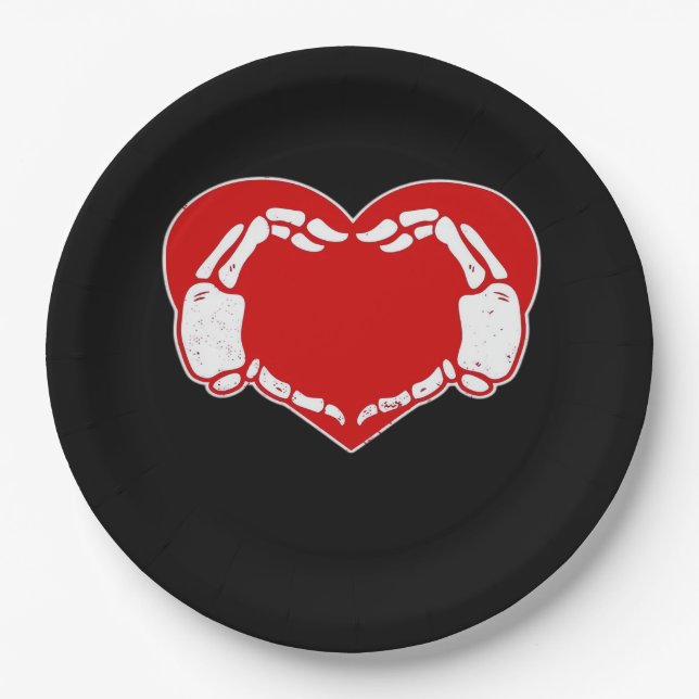 Plato De Papel Skeleton Heart Hands Gótico Valentine Red Classic (Anverso)