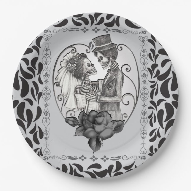 Plato De Papel Skeleton Love Couple Marriage Dance Boda gótico (Anverso)