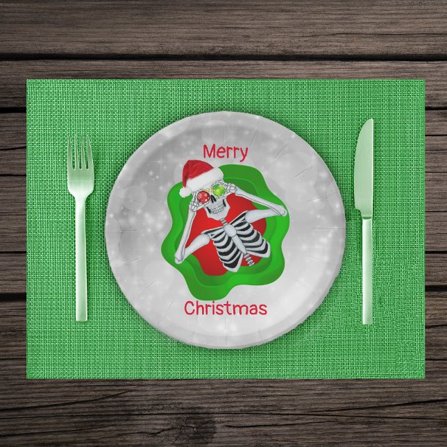 Plato De Papel Skeleton Ojos de ornamento Santa Hat Círculos blan (Fun Skeleton Ornament eyes Santa Hat in splatter shape on white circles Christmas paper party plates)