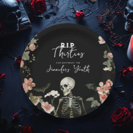Plato De Papel Skeleton Pink Floral RIP 30 años 40 Fiesta de cump