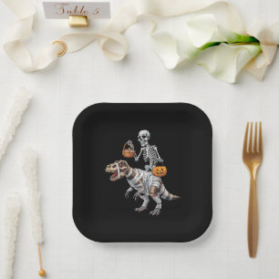 Plato De Papel Skeleton Riding Mummy Dinosaur T rex Halloween Div