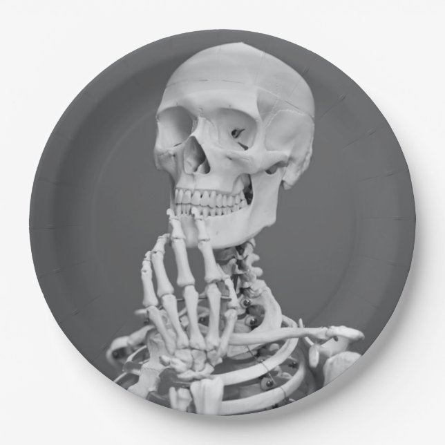 Plato De Papel Skeleton Skull Halloween Gris negro y blanco (Anverso)