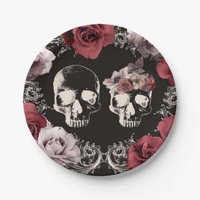 Plato De Papel Skeleton Skull Mauve Dusty Rosa Boda gótico (Anverso)