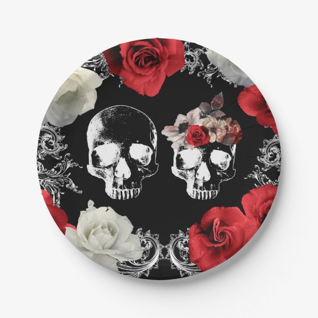 Plato De Papel Skeleton Skull Roses rojas blancas Boda gótico (Anverso)