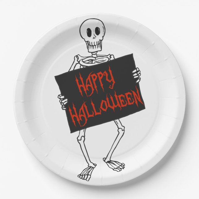 Plato De Papel Skeleton sostiene Rótulo Feliz Halloween (Anverso)