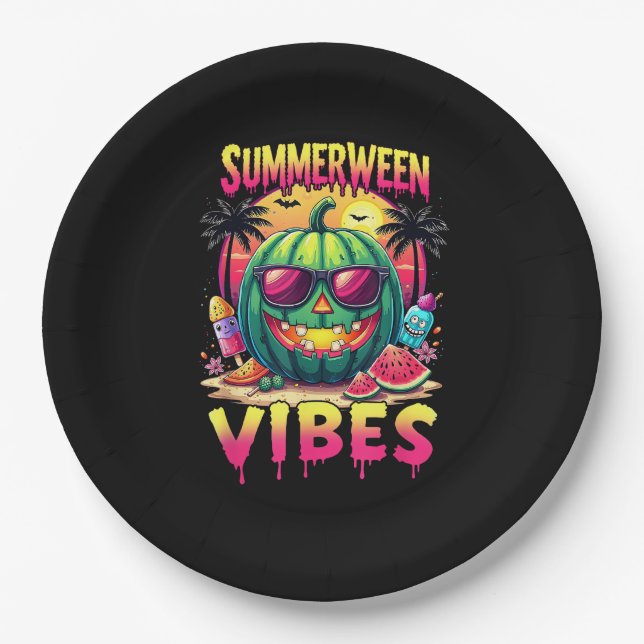 Plato De Papel Skeleton Summer Summerween Vibes Watermelon Jack-O (Anverso)