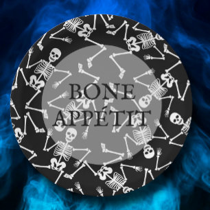 Plato De Papel Skeletons Halloween Party Black