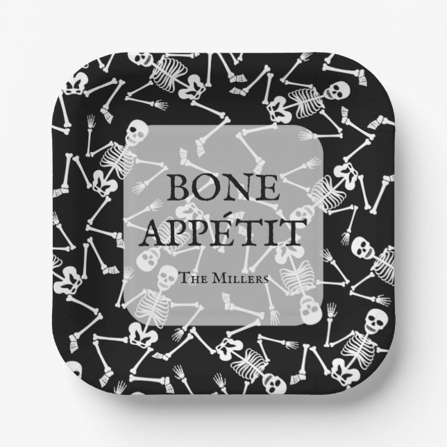 Plato De Papel Skeletons Halloween Party Black (Anverso)