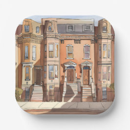 Plato De Papel Sketched Brownstones | Boston Street Painting