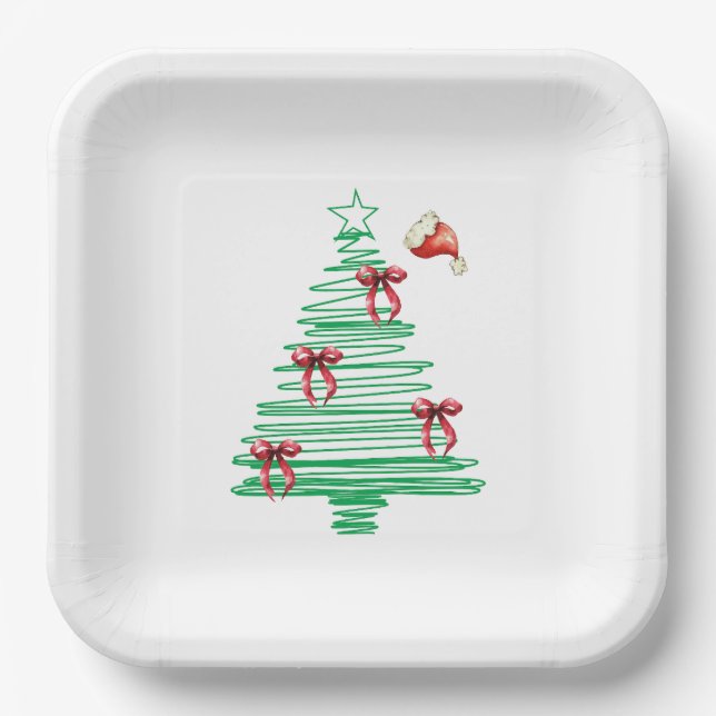 Plato De Papel sketchy christmas tree with red bow and santa hat (Anverso)