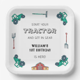 Plato De Papel Sketchy Green Tractor Farm Boy Cumpleaños