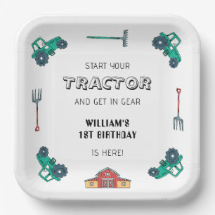 Plato De Papel Sketchy Green Tractor Farm Boy Cumpleaños