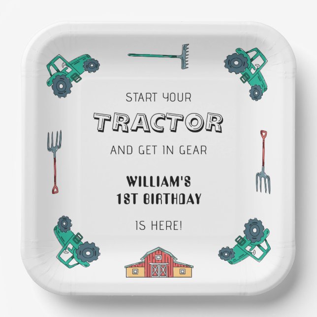 Plato De Papel Sketchy Green Tractor Farm Boy Cumpleaños (Anverso)