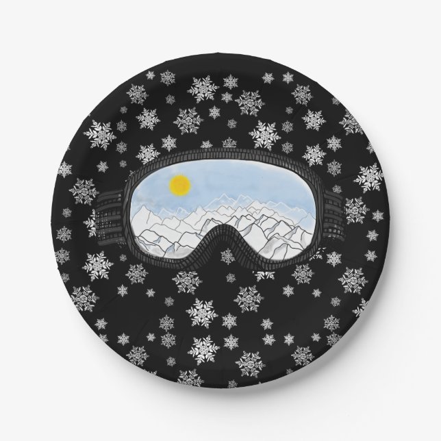 Plato De Papel Ski Goggles Mountain View Snowflakes Black (Anverso)