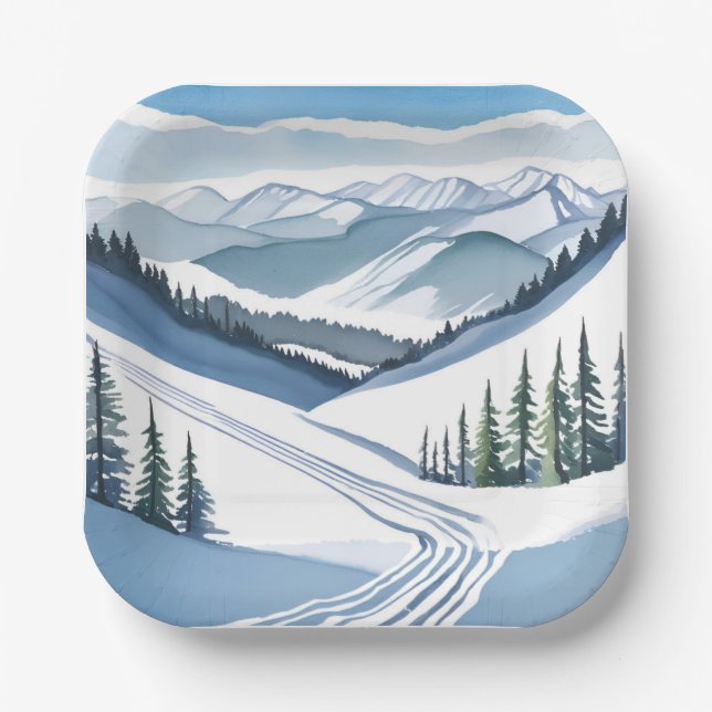 Plato De Papel Ski Mountain Watercolor (Anverso)