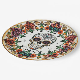 Plato De Papel 💀 🎉: Skull & Bloom Halo Doom Día de los Muertos