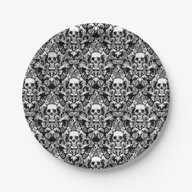 Plato De Papel Skull Damask Dinner Plate (Anverso)