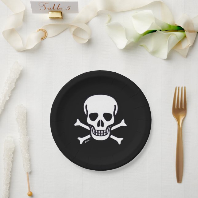 Plato De Papel Skull n Bones placas de papel negro (Boda)