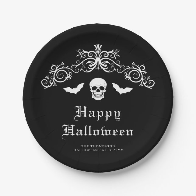 Plato De Papel Skull Y Bats Gothic Feliz Halloween Negro (Anverso)