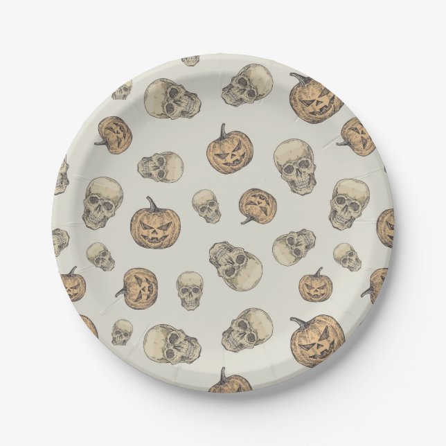 Plato De Papel Skulls y calabazas Patrón Halloween (Anverso)